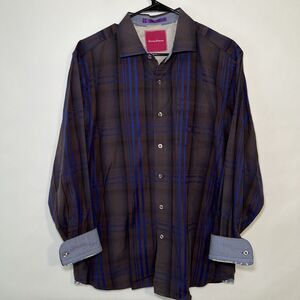 Tommy Bahama Button Up Shirt Mens Size L Large Brown Blue Plaid Flip Cuff Cotton